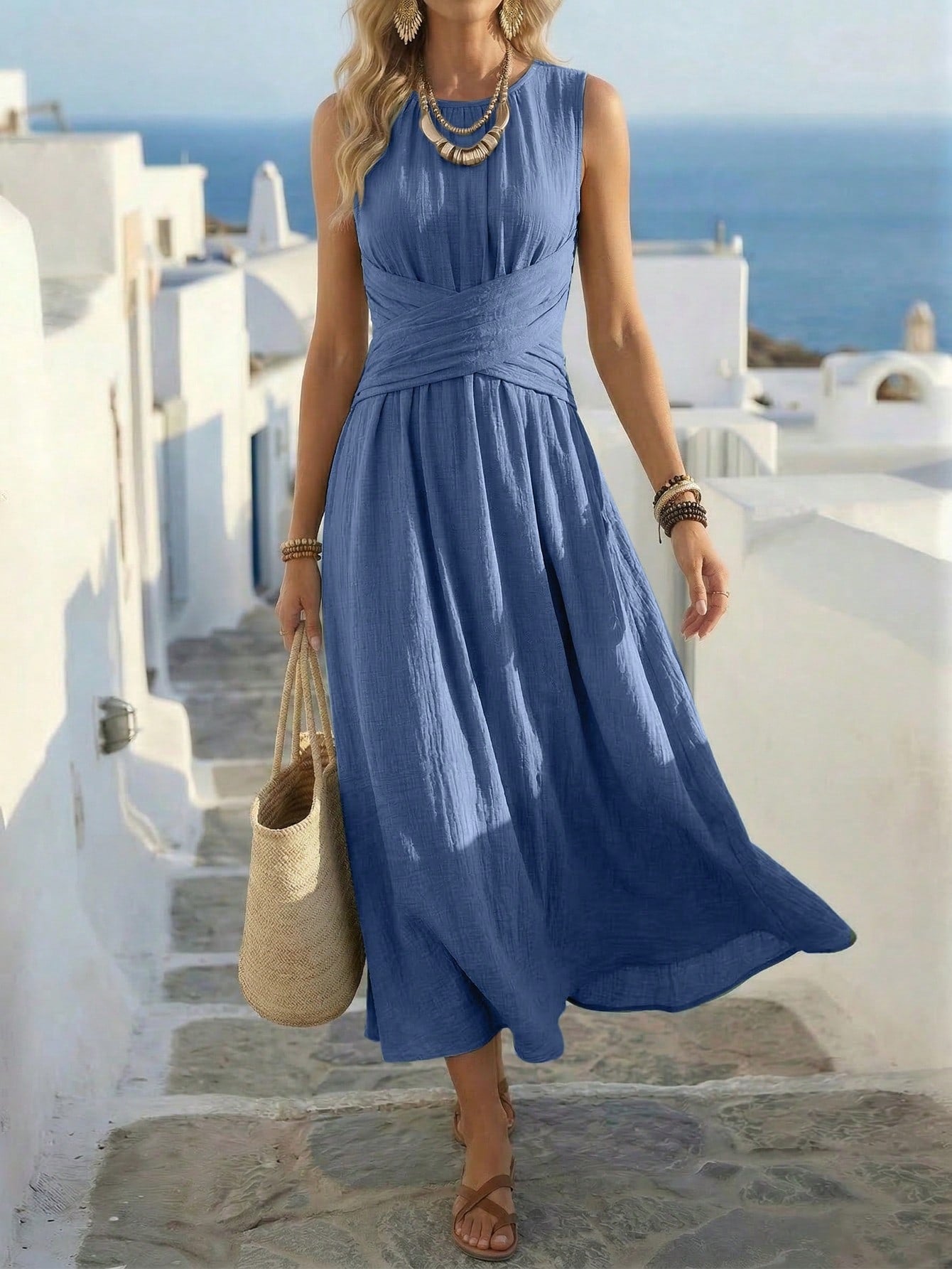 Women's Versatile Style Street Hipster Sleeveless Fitted Waist Pleated Slim Fit Dress