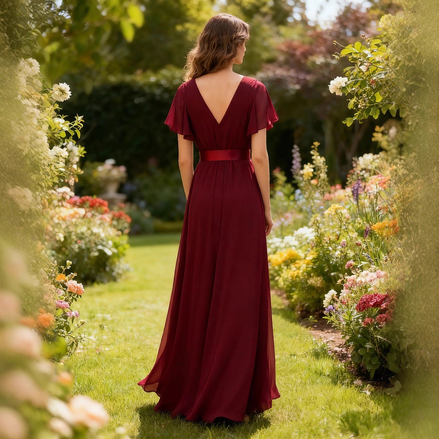 Women's Style Retro Bell Sleeve Waist Dress Chiffon Large For Dresses
