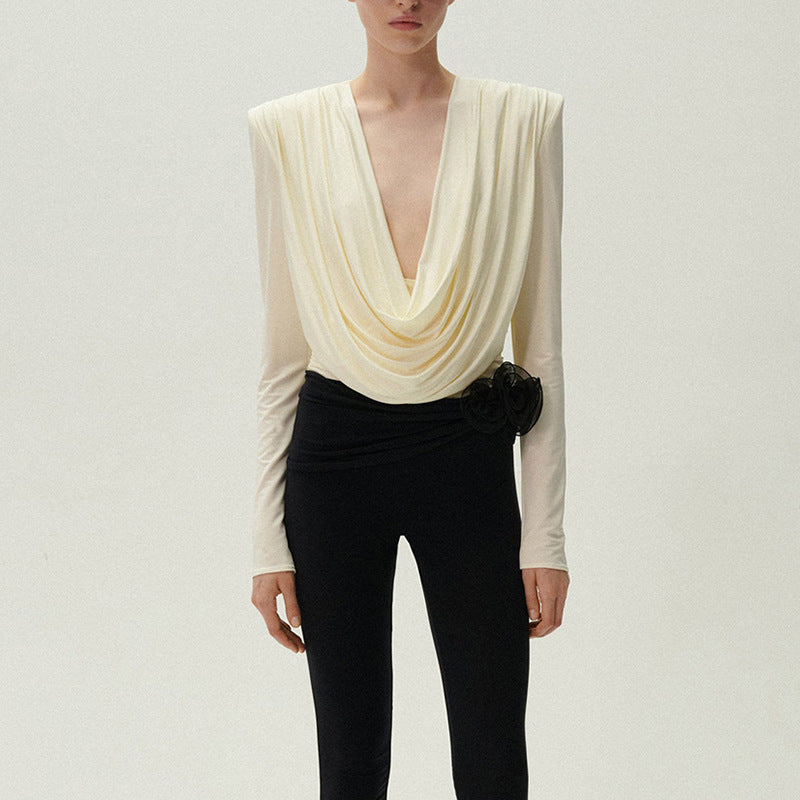 Women's Swing Collar Padded Shoulder Pleating Slim Slimming Blouses