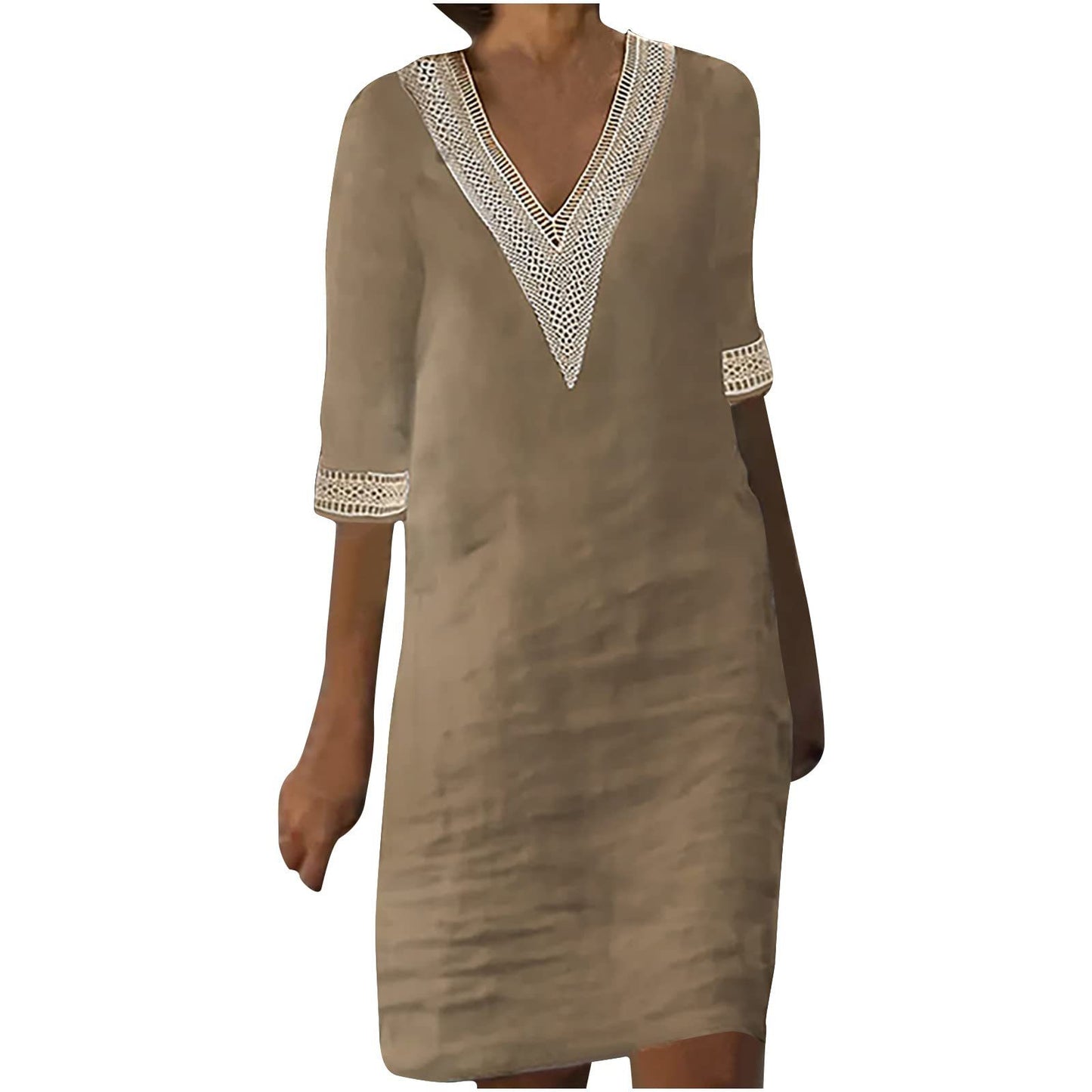 Women's Linen Small Lace Patchwork Retro Solid Dresses