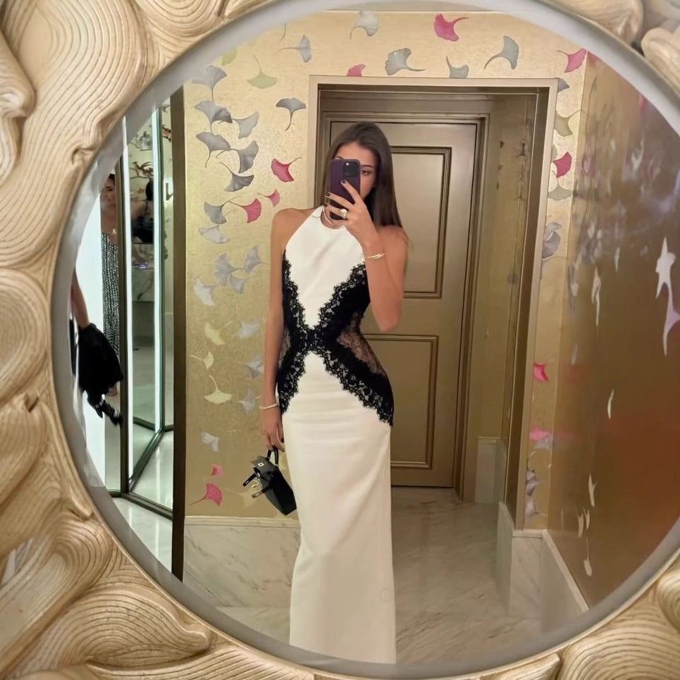 Women's Sexy Halter Patchwork Long Dress Backless Dresses