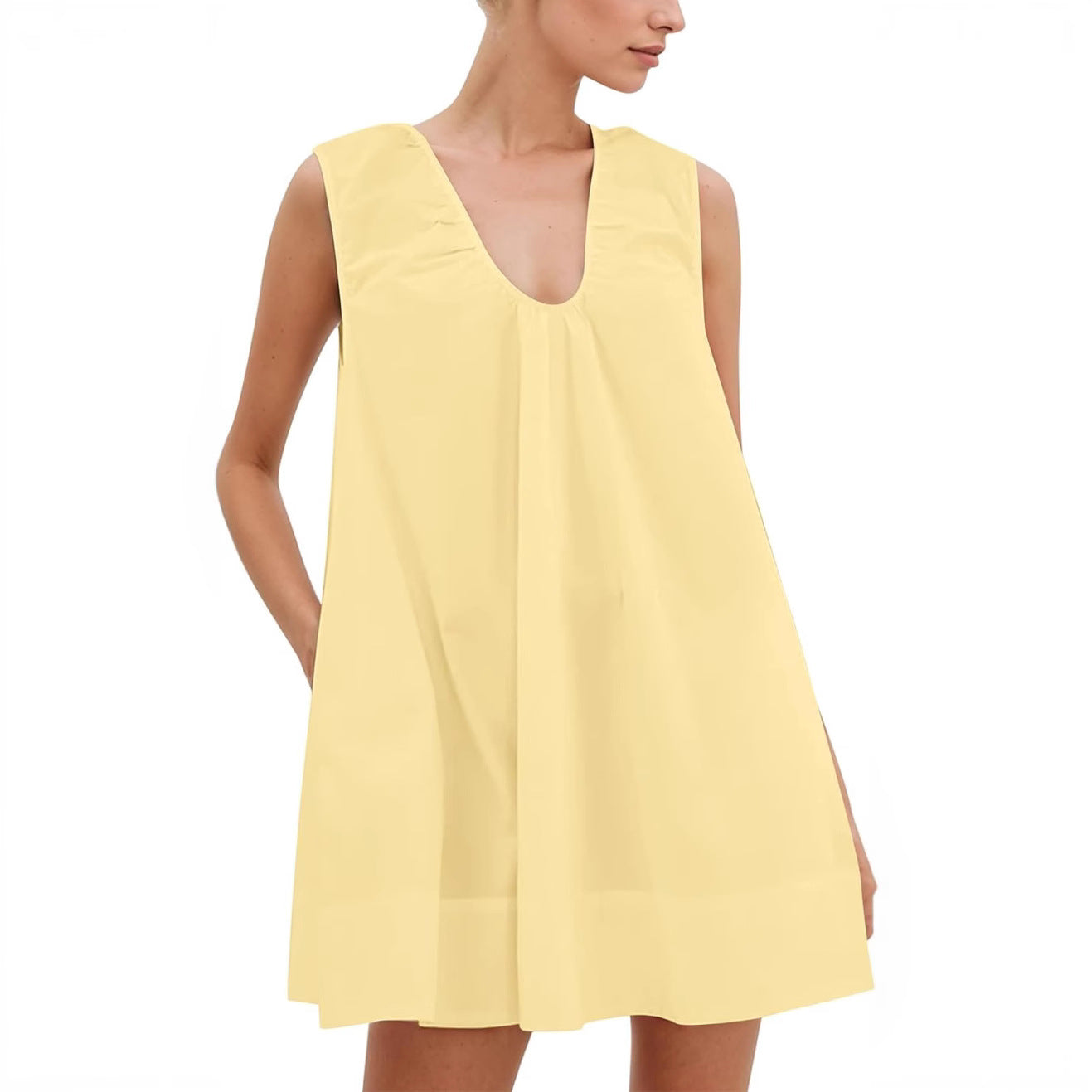 Fashionable Commuter Pleated Loose A- Line Sleeveless Solid Color Dress