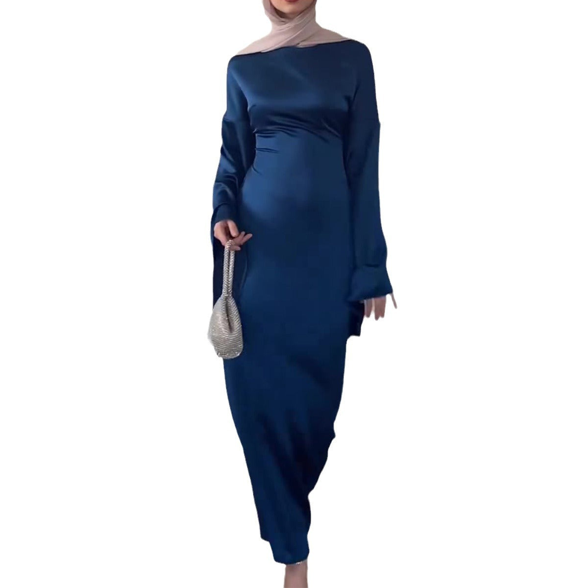 Women's Waist Slimming Satin Bell Sleeve Solid Color Dresses