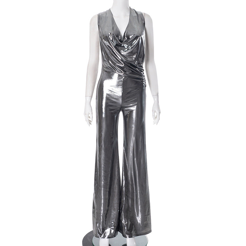 Women's Fashion Wear Sequined Halter Sleeveless Pleated Jumpsuits