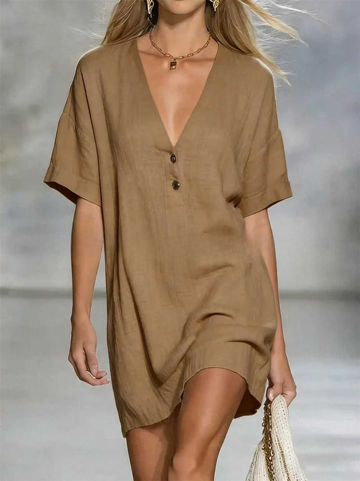 Women's Fashion Sleeve Solid Color Casual Button Dress