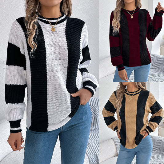 Women's Casual Contrast Color Striped Lantern Long Sleeve Sweater