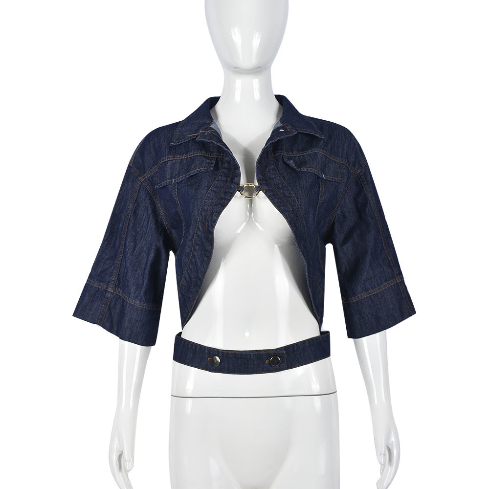 Women's Polo Collar Bandeau Sexy Cropped Denim Jackets