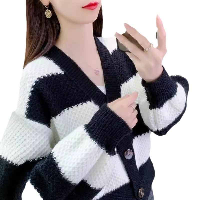 Women's Retro Mixed Color Stripe Knitted Fashion Classic Casual Women's Sweater