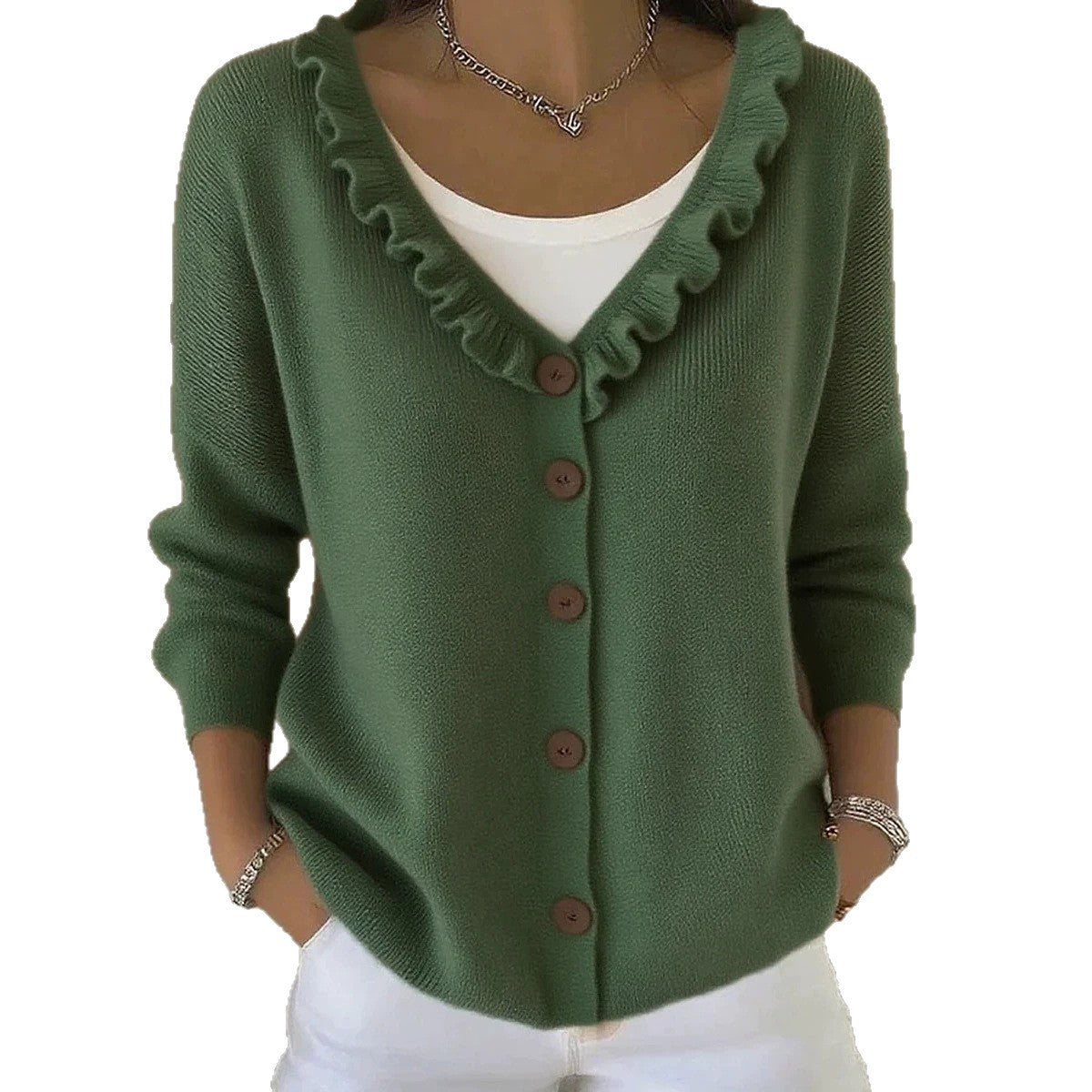 Wooden Ear Knitted Button Solid Color Sweater