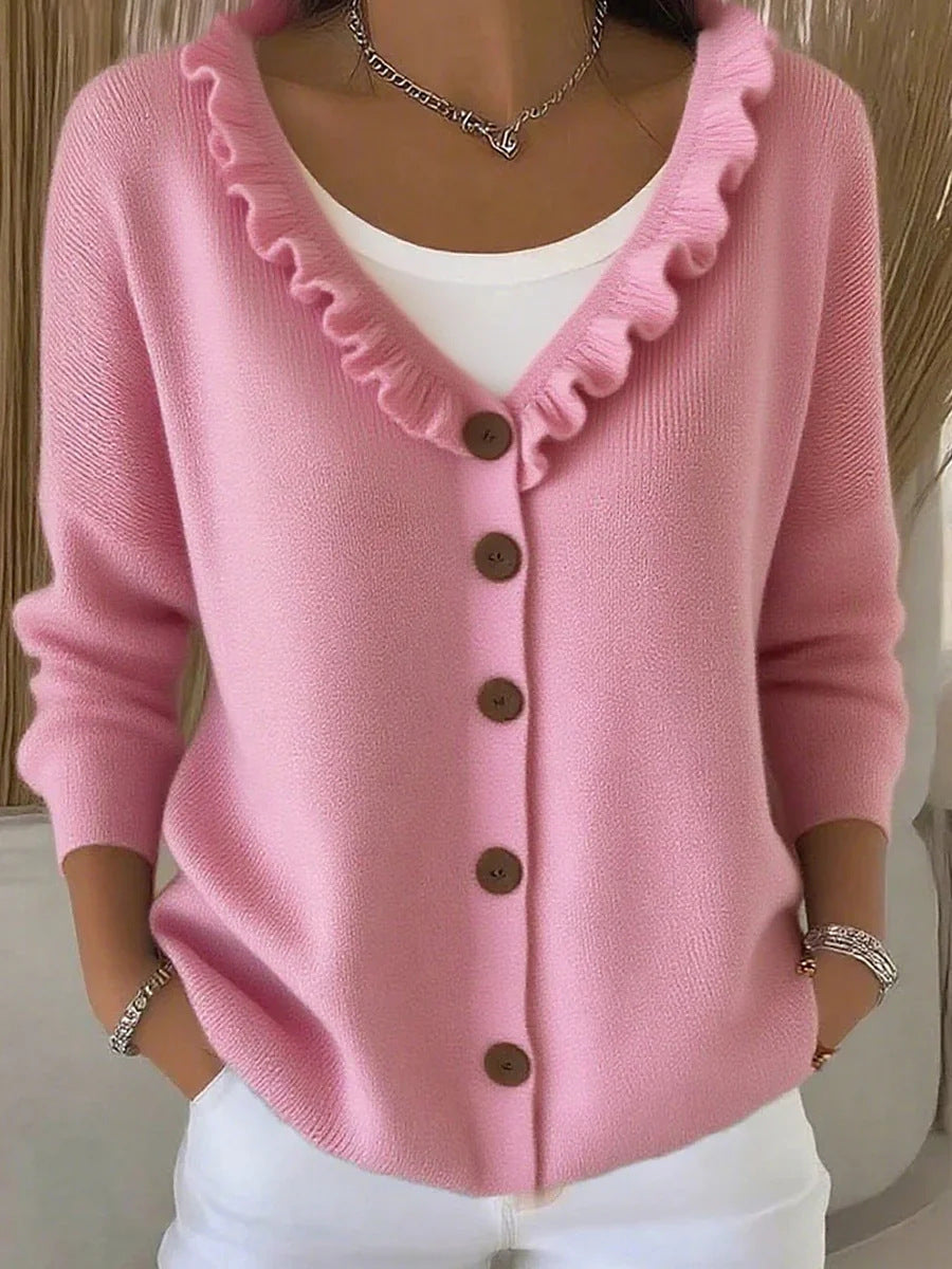 Wooden Ear Knitted Button Solid Color Sweater