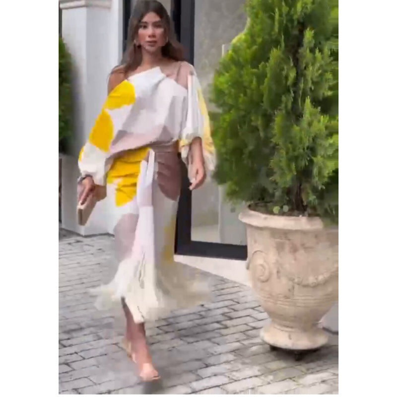 Summer Printed Lantern Sleeve Loose Tassel Tops