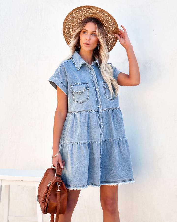 Commute Fashion Loose Denim Shirt Sleeve Dresses
