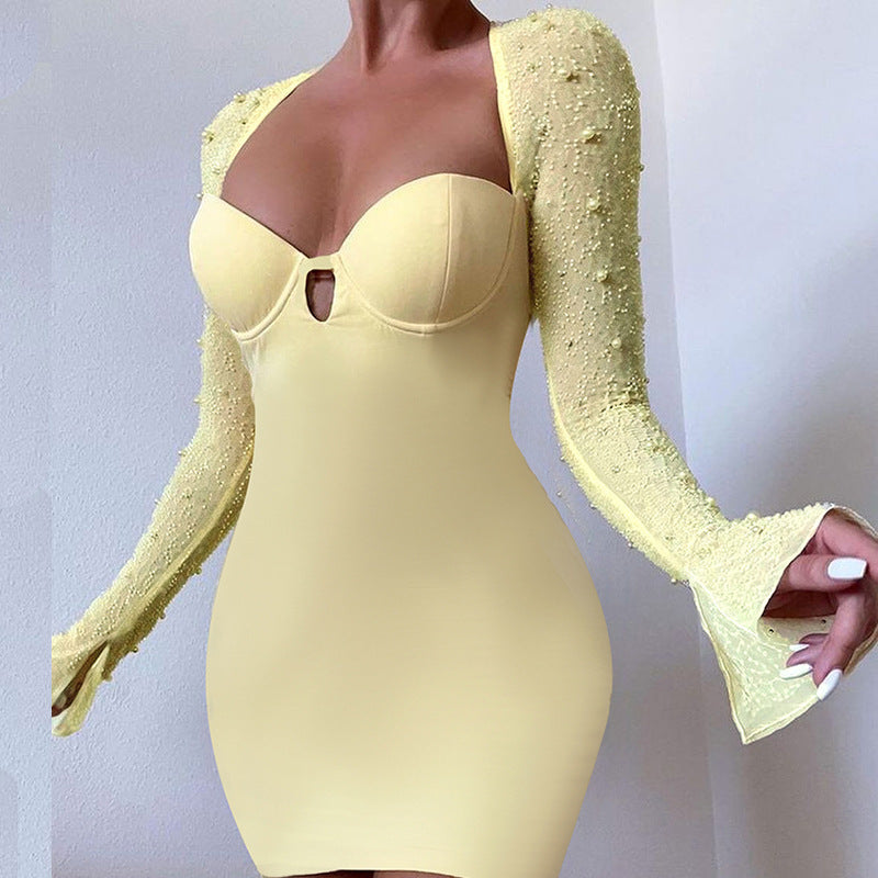 Women's Slim Sexy Sheath Fashion Bead Long-sleeved Dress