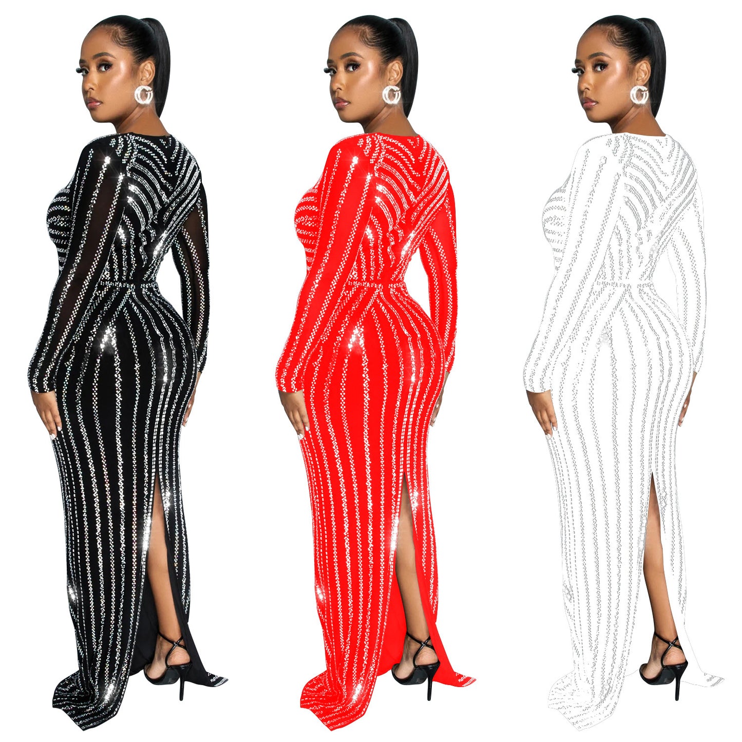 Women's Fashion Wear Solid Color Hot Drilling Long Dresses