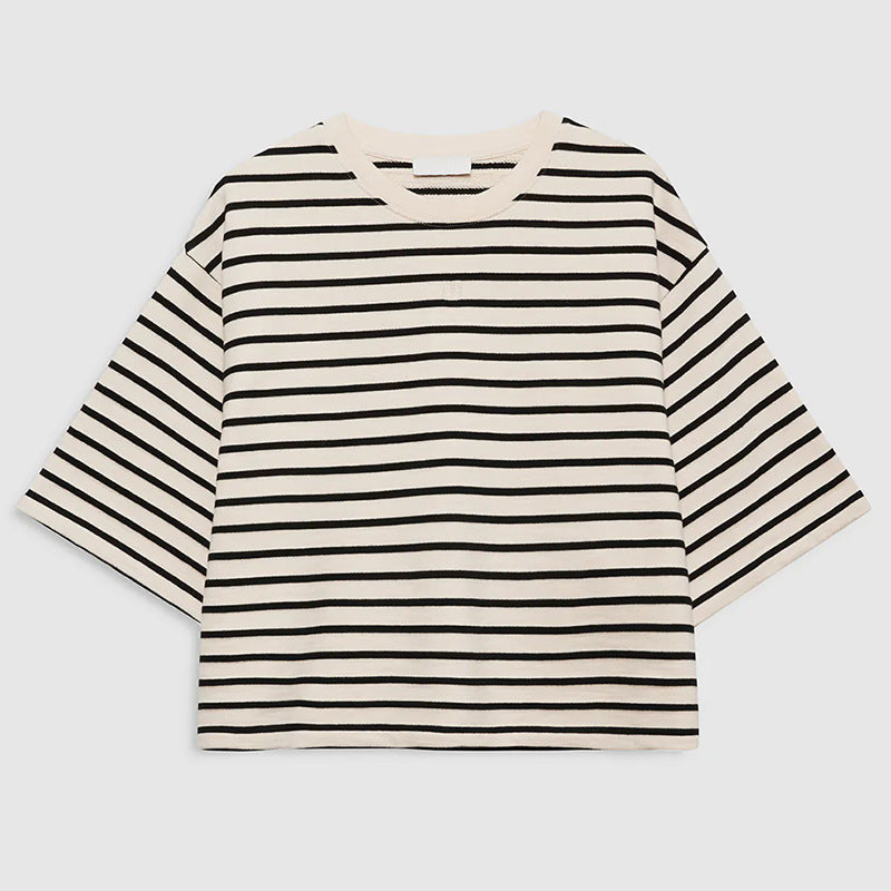 Women's American Niche Front Embroidered Framed Letter Stripes Terry Loose Blouses