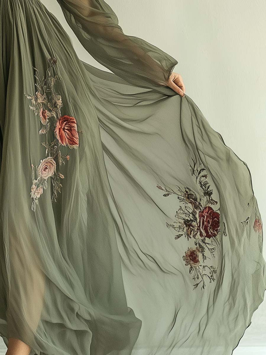 Women's Digital Positioning Printed Long-sleeved Dress Long Dresses