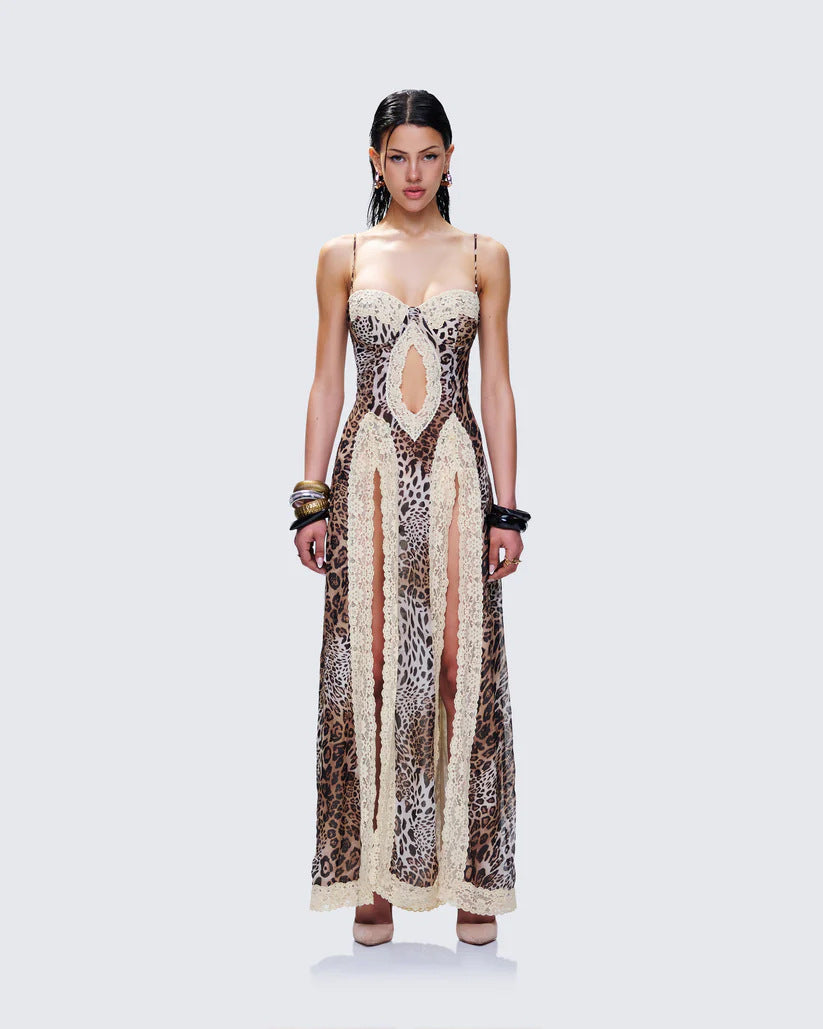 Sexy Leopard Print Strap Hot Lace Patchwork Slit Dresses