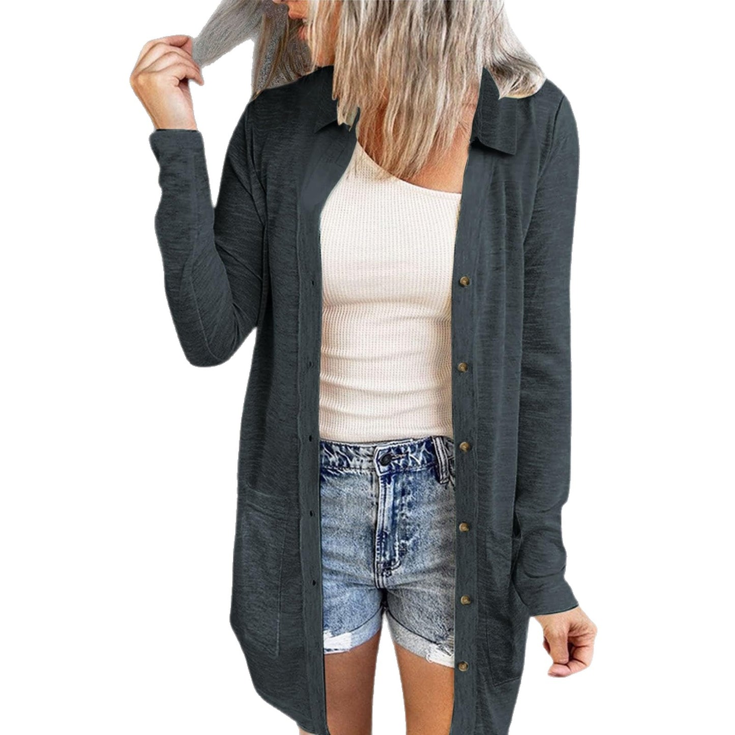 Women's Button Double Pocket Solid Color Casual Polo Collar Long Cardigans