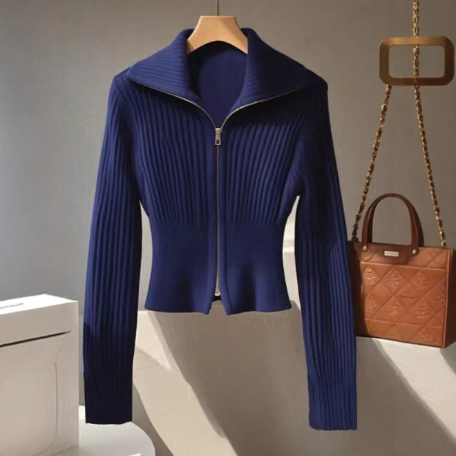 Women's Fashionable Knitted Zipper Slim Lapel Tops