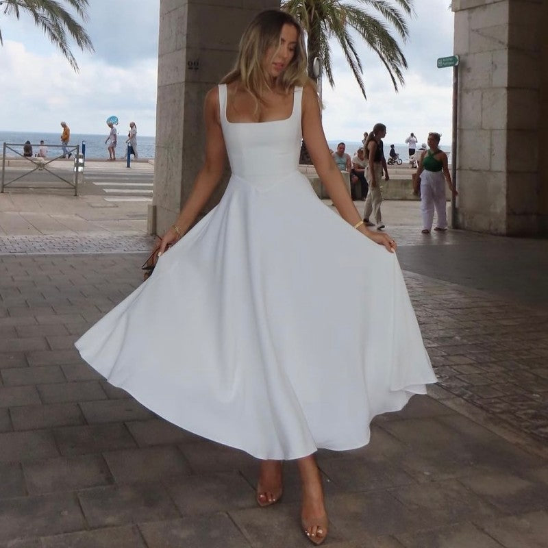 Women's Summer Temperament Square Collar Sleeveless Waist Trimming Dress