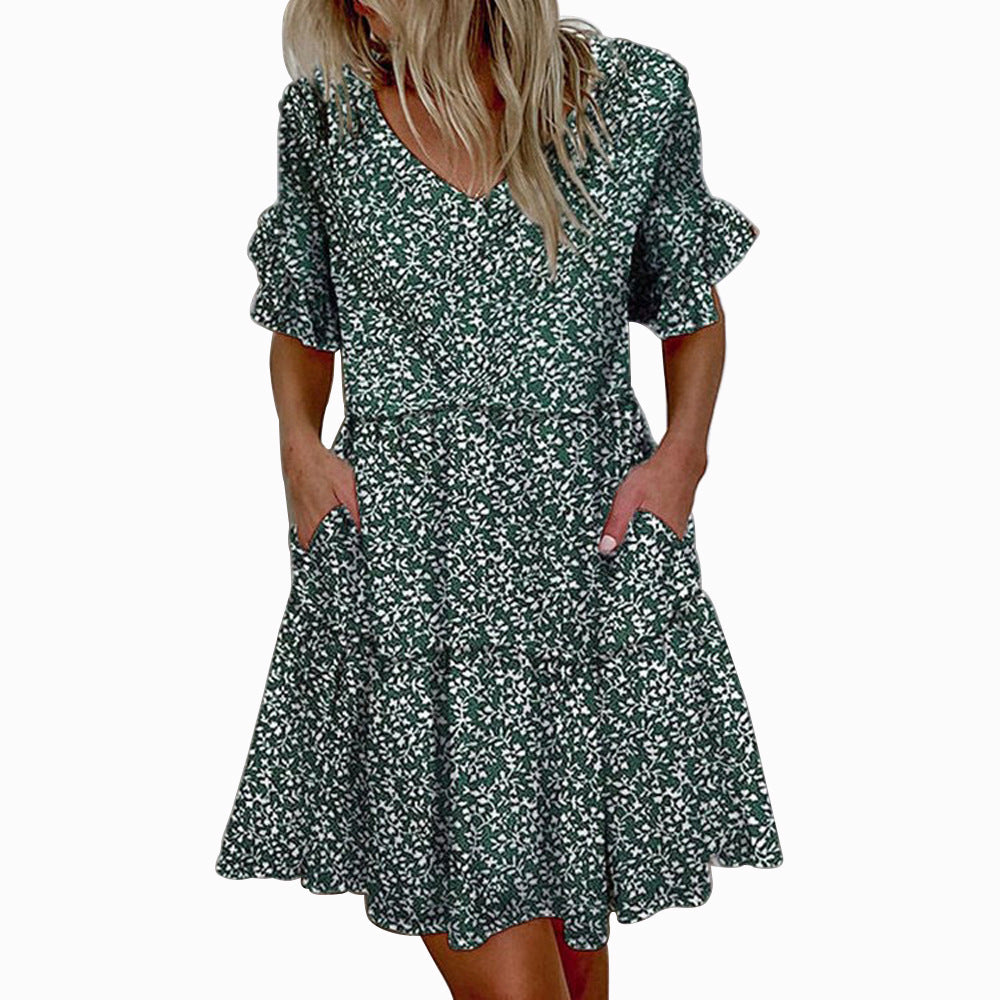 Women's Summer Loose Print Ruffled Pocket Sleeve Shorts