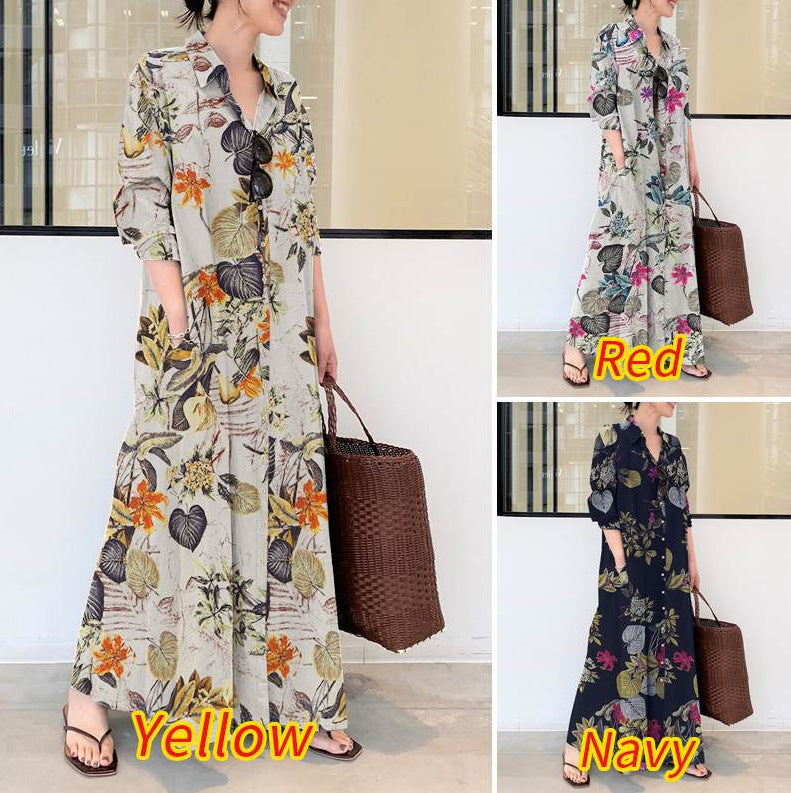 Style Cotton Linen Printing Lapel Long Sleeve Pocket Simple Dress