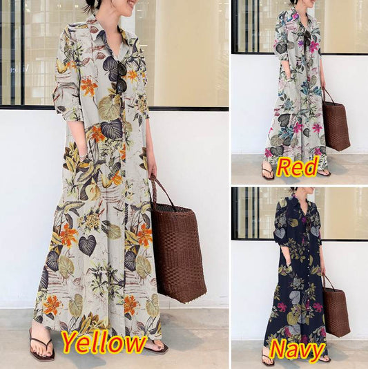 Style Cotton Linen Printing Lapel Long Sleeve Pocket Simple Dress