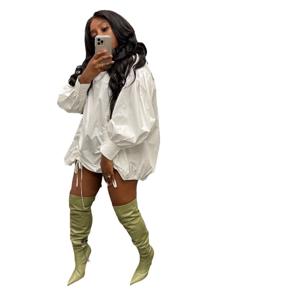Women's Fashion Drawstring Loose-fitting Solid Color Long Sleeves Mini Sexy 2 Dress