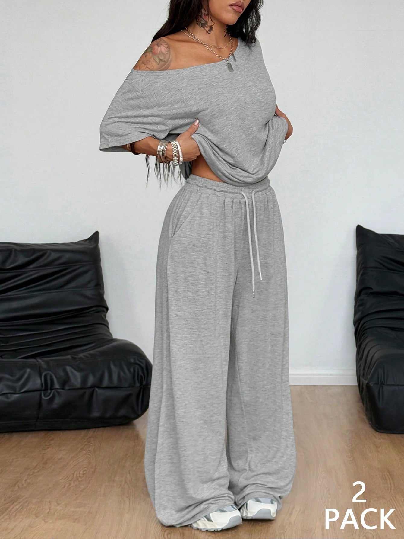 Women's Collar Wide Leg Solid Color Sports Two-piece Fashion Casual Suit