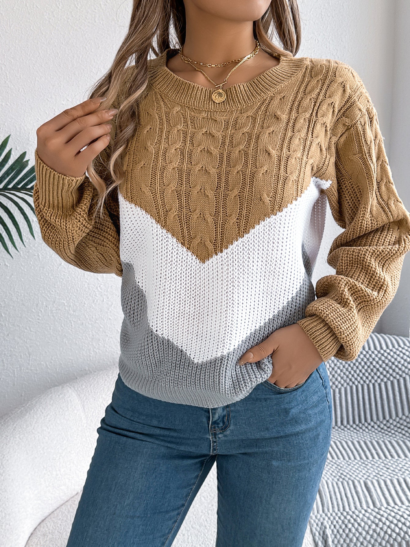 Women's Casual Multicolor Twist Lantern Sleeve Knitted Sweater