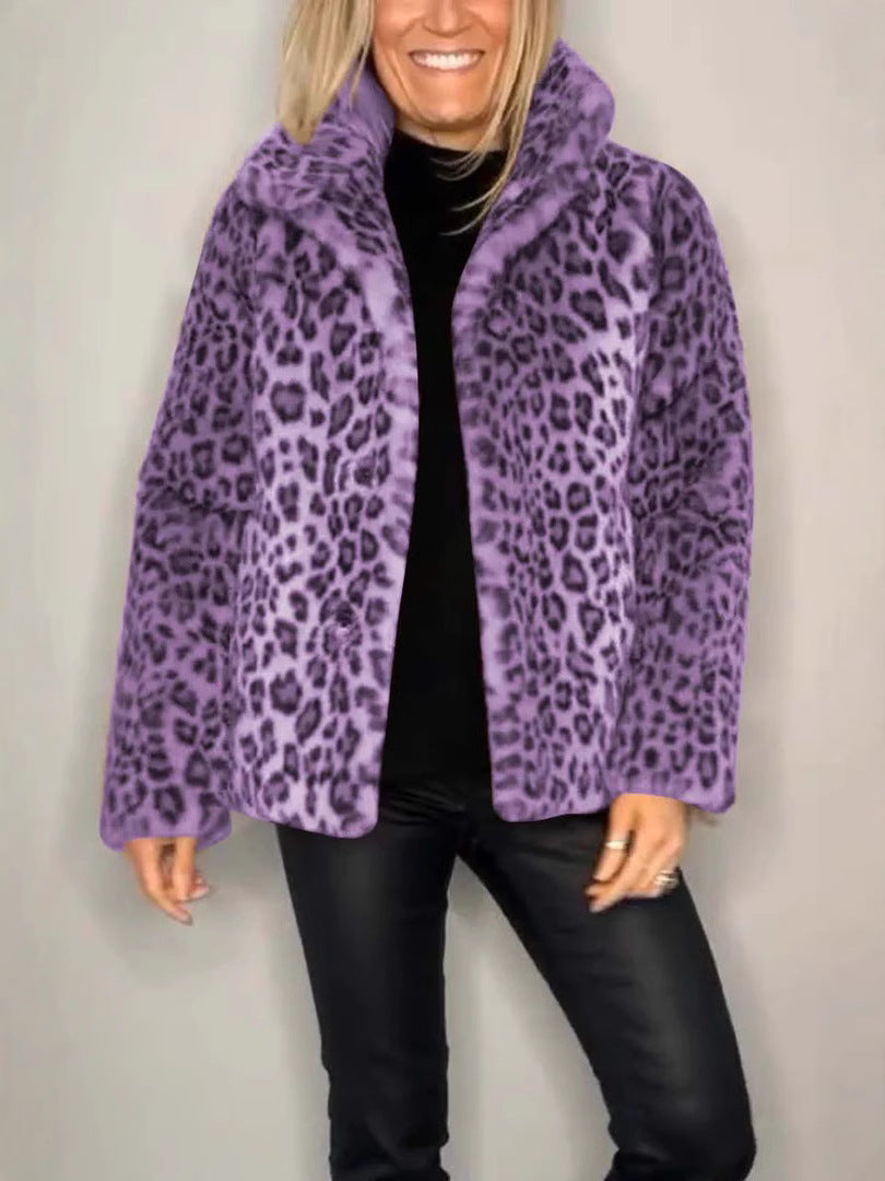 Women's Winter Fashionable Leopard Print Lapel Imitation Coats