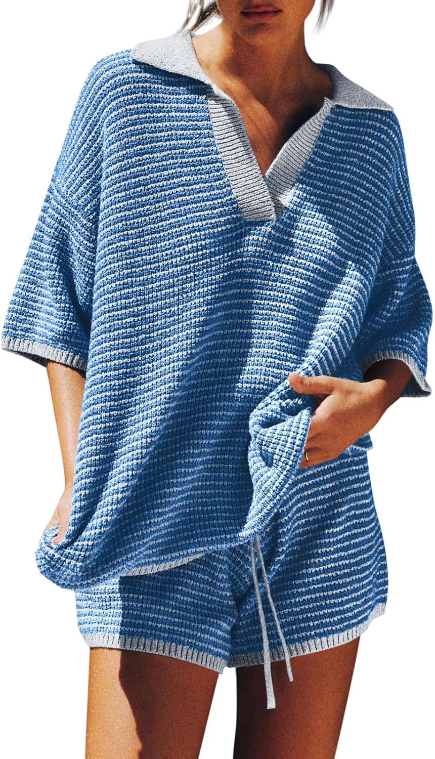 Women's Home Wear Two-piece Large Collar Striped Knitted High Suits
