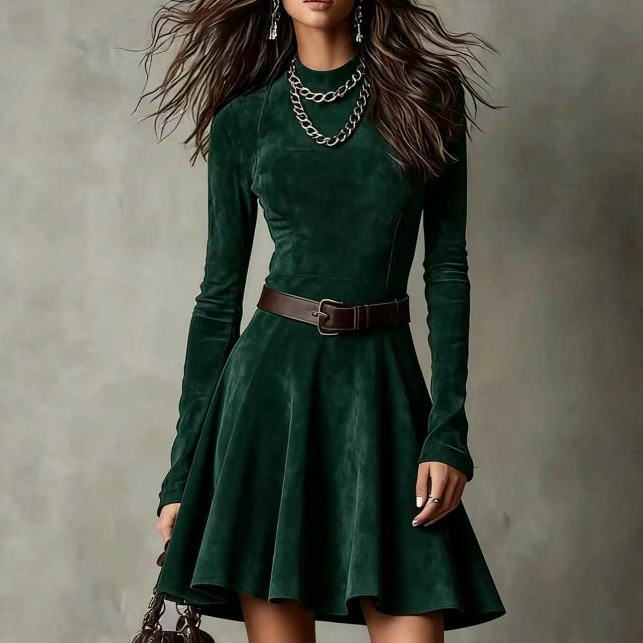 Women's Suede Long-sleeved Retro High Collar Slim Fit Skirts