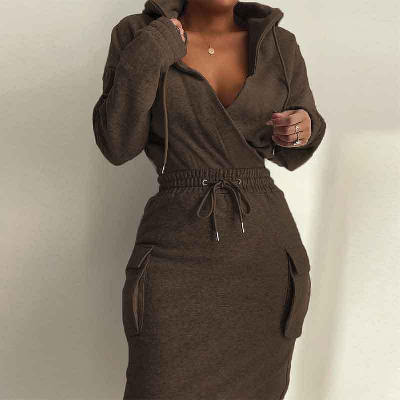 Waist Pocket Sweatshirt Dress Trimming Lace Up Long Dresses