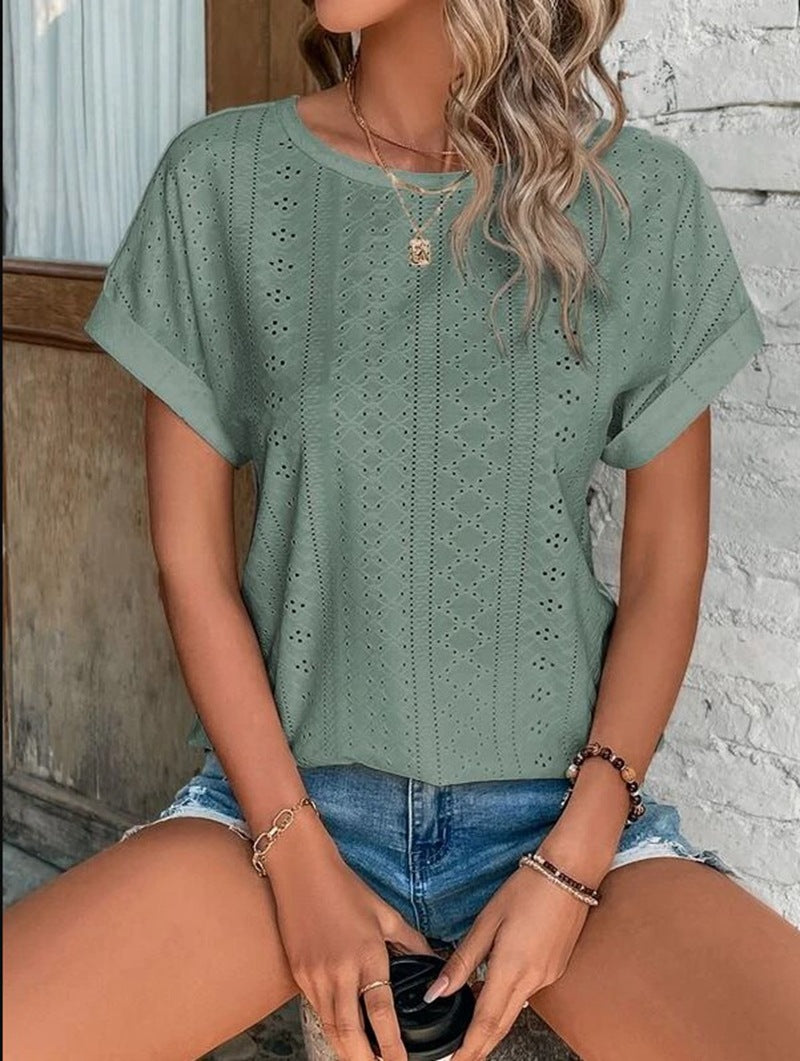 Summer Solid Color Sleeve Hollowed Leisure Blouses