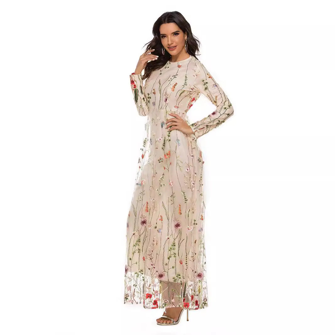 Embroidered Sweet Flowers Lace Long Fresh Dress