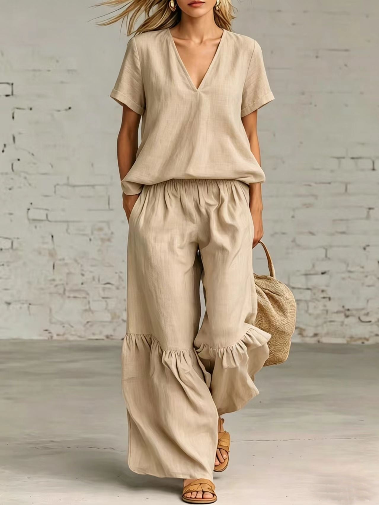 Women's Solid Color Loose Short-sleeved Trousers Two-piece Fashion Casual Suit