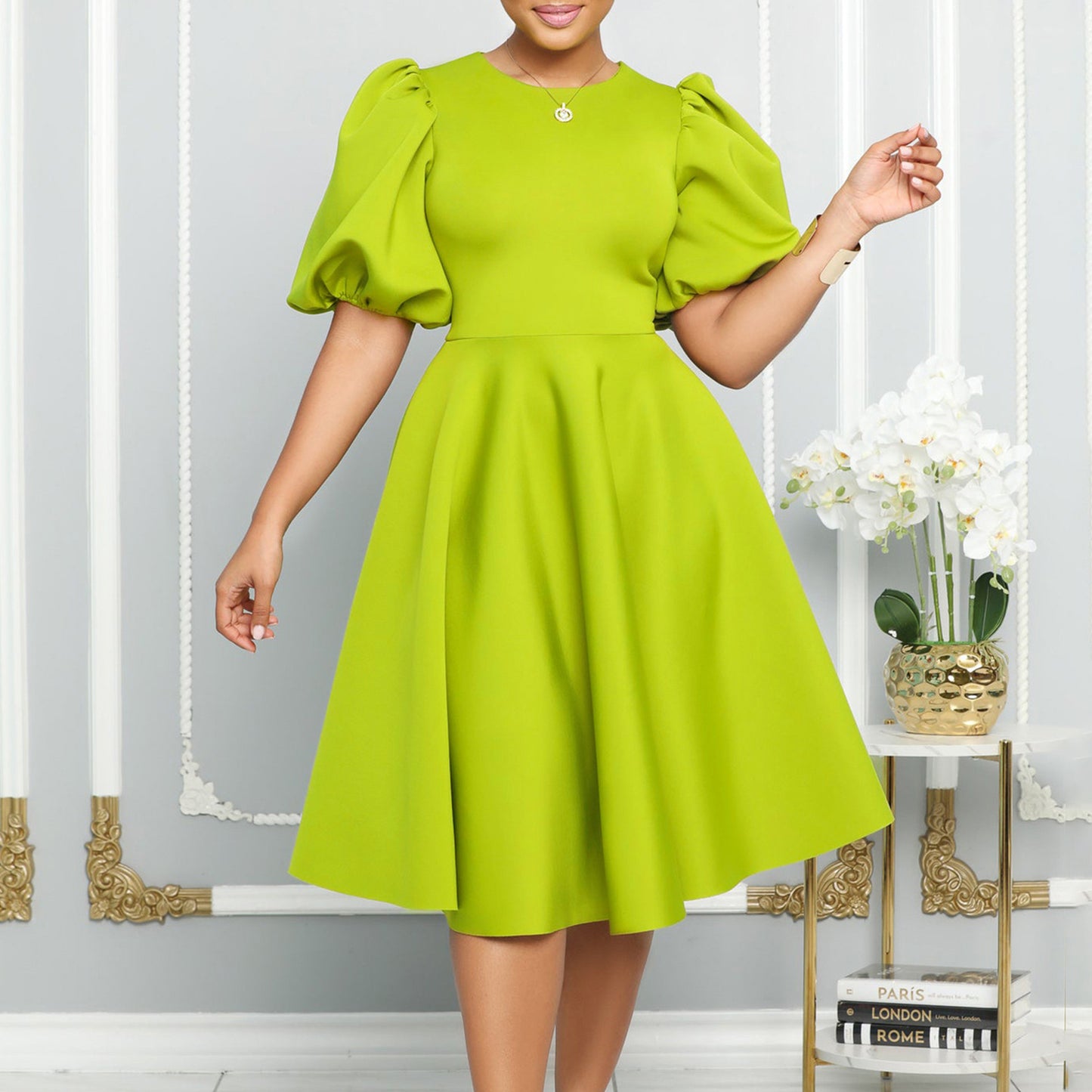 Neck Graceful Puff Sleeve Large Hem Dress
