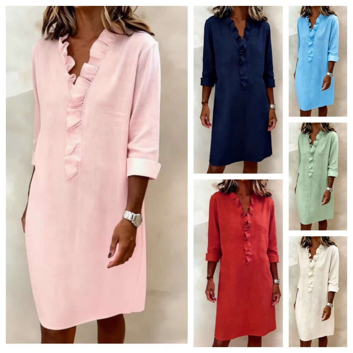 Women's Slimming Wooden Ear Long Sleeve Cotton Linen Dress