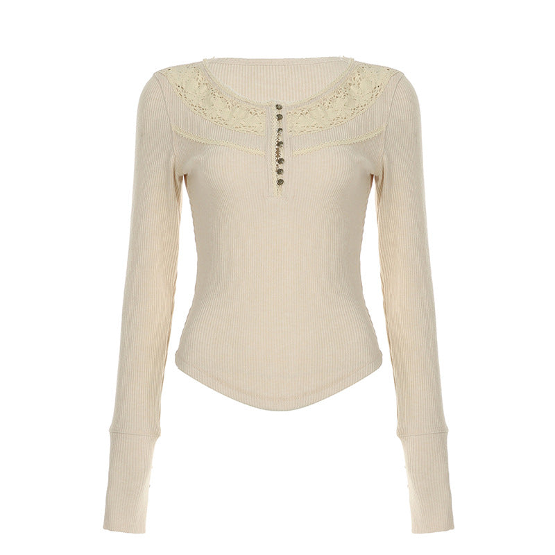 Women's Lace Stitching Split Breasted Round Neck Slim Fit Blouses
