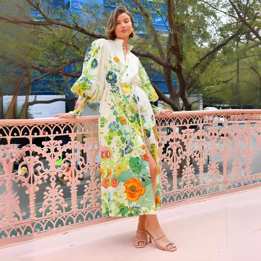 Single-breasted Long Lantern Sleeve Iti Printing Dresses