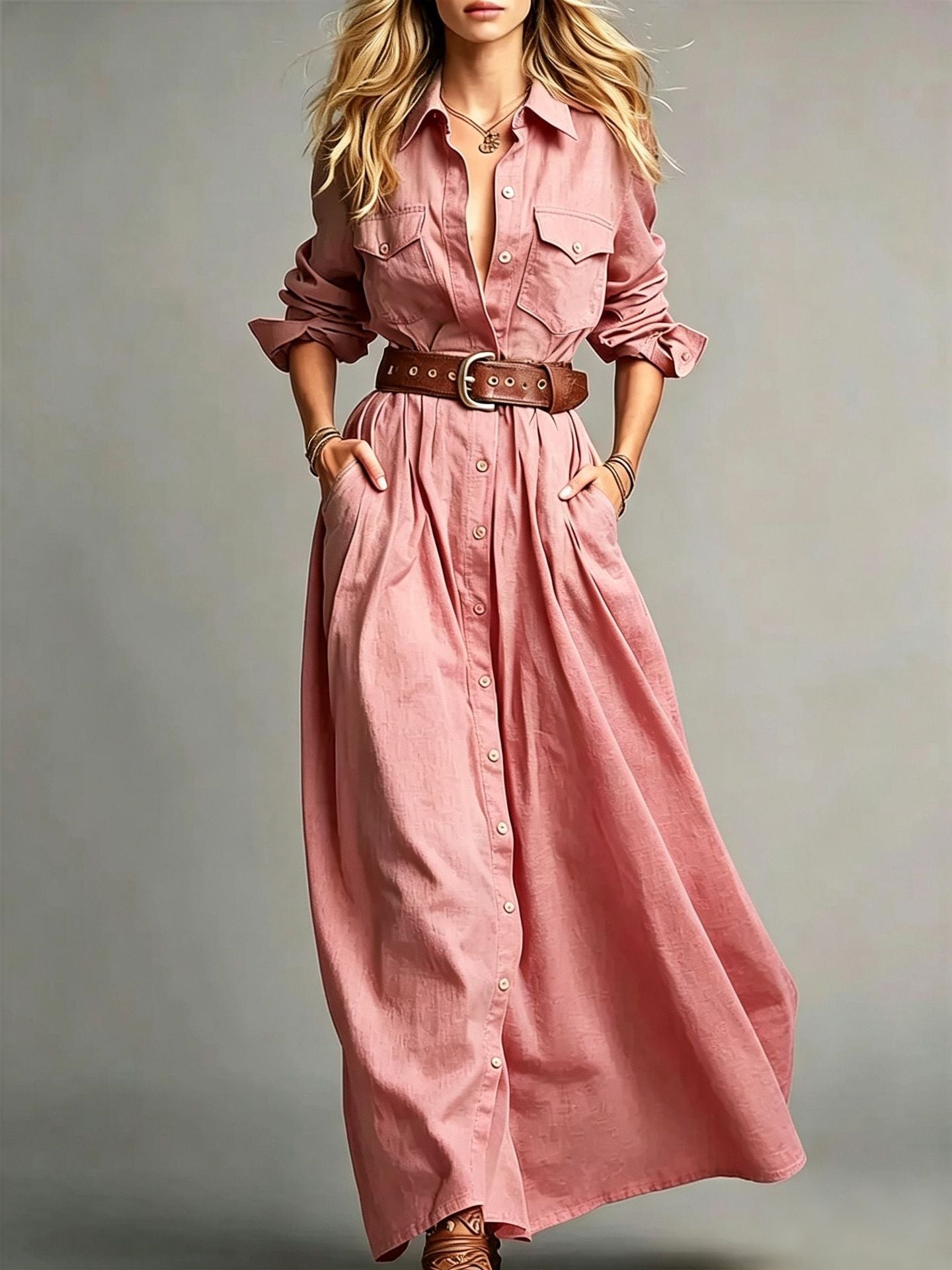 Women's Solid Color Elegant Long Shirt Button Dress
