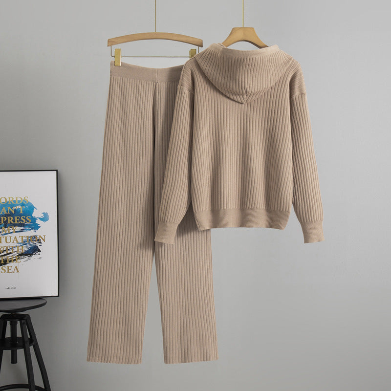 Women's Hooded Knitted Sunken Stripe Two-piece Fashion Casual Suit