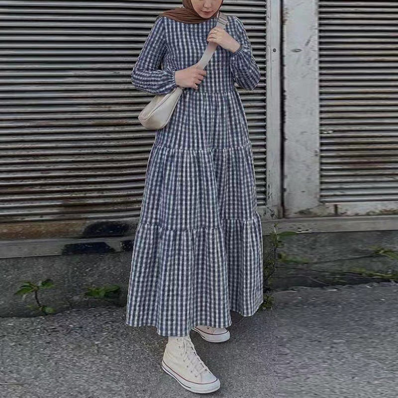 Sleeve Elastic Round Neck Loose Waist Casual Dress