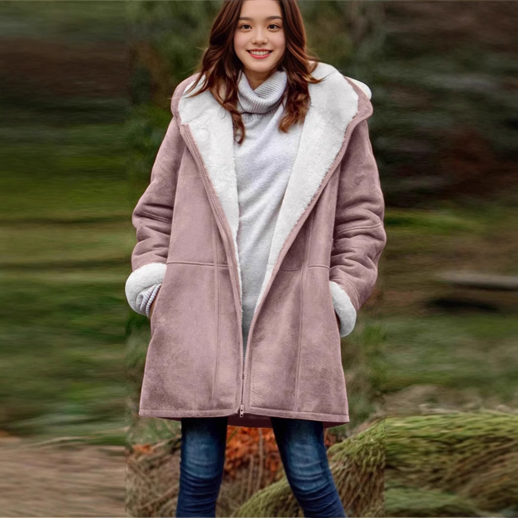 Women's Loose Veet Thickened Solid Color Mid-length Coats