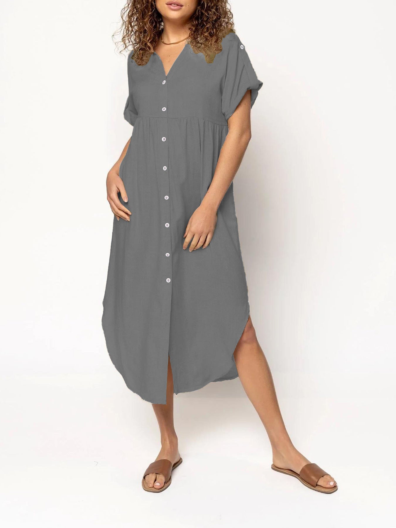Loose Temperament Casual Solid Color Buttons Dress
