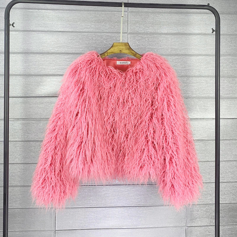 Women's Imitated Tibet Sheep Fur Collarless Solid Coats