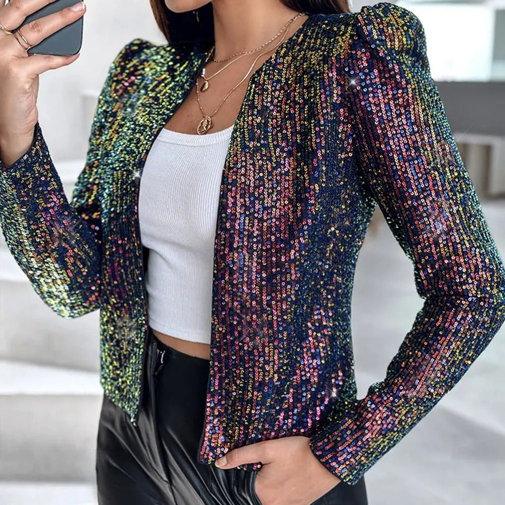 Women's Leopard Print Sequin Personality Outdoor Long Coats
