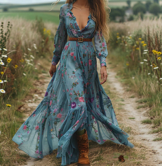 Women's Collar Floral Long-sleeved Dress Country Idyllic Dresses