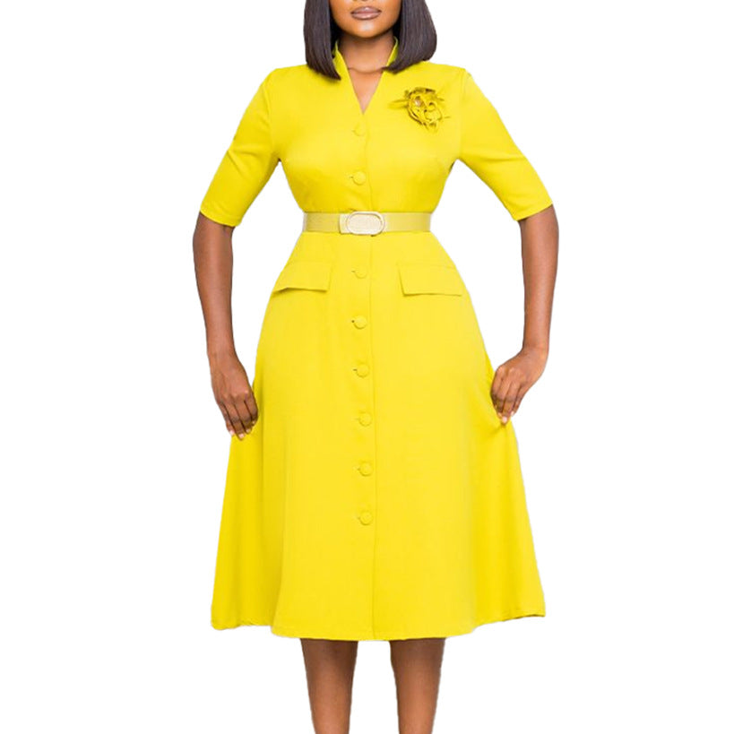 Women's Autumn Solid Color Button Elegant Dress